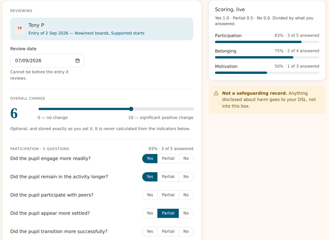 Outcome review form with live scoring