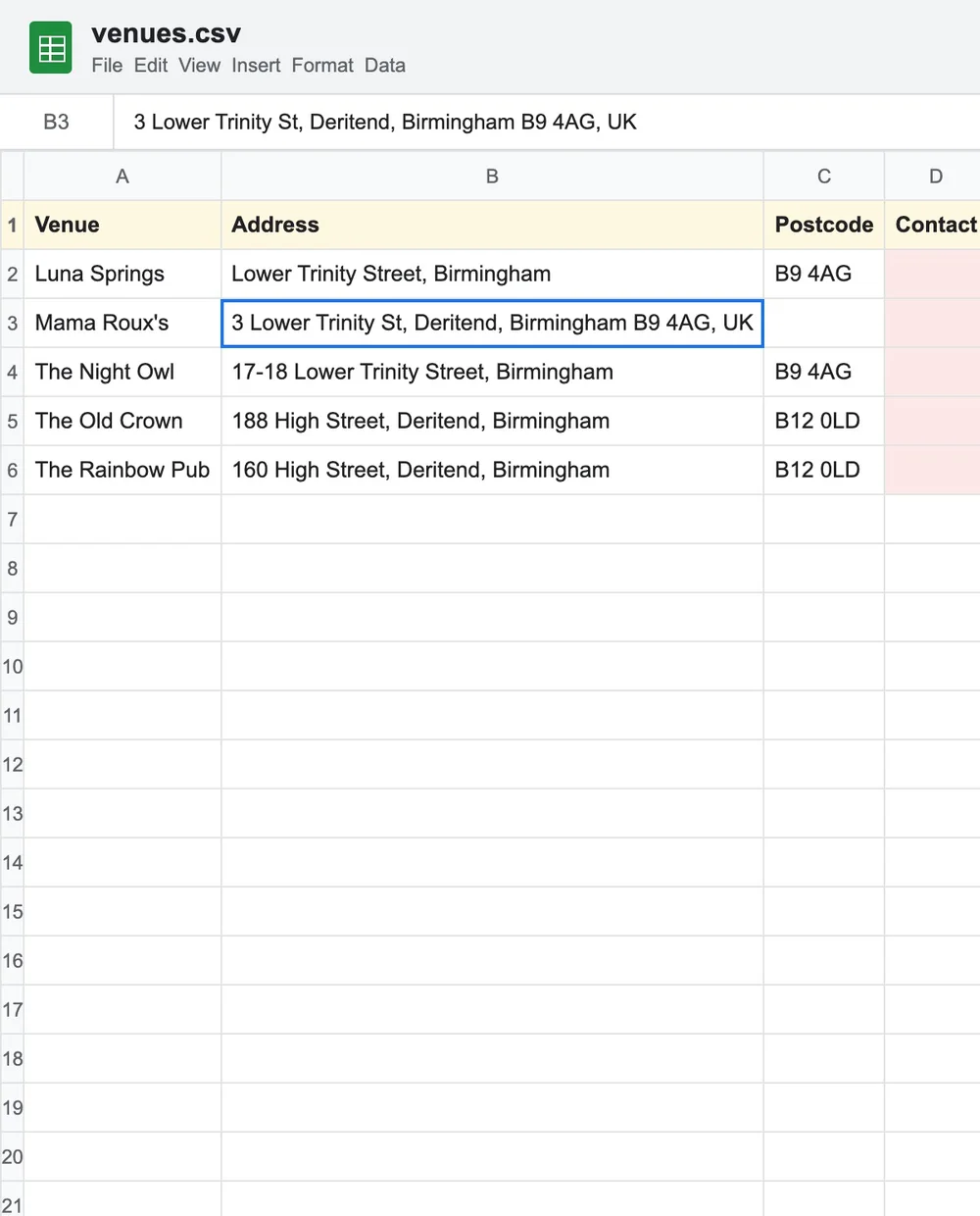 A spreadsheet listing five venues with addresses